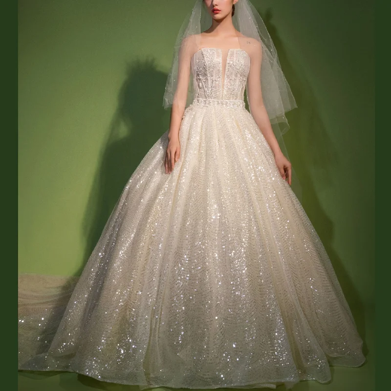 Straight Neck Ballgown Sparkly Wedding Dress with Plunging