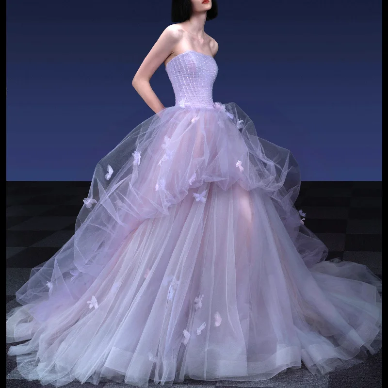 Strapless Lilac Ruffle Wedding Dresses Formal Gown for Women