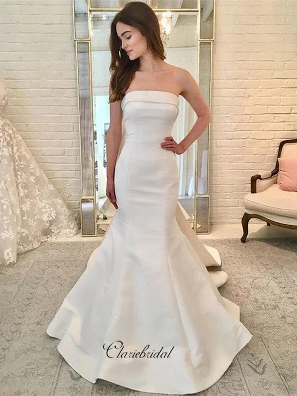 Strapless Satin Bow Wedding Dresses, Elegant Mermaid Bridal Wedding Dresses