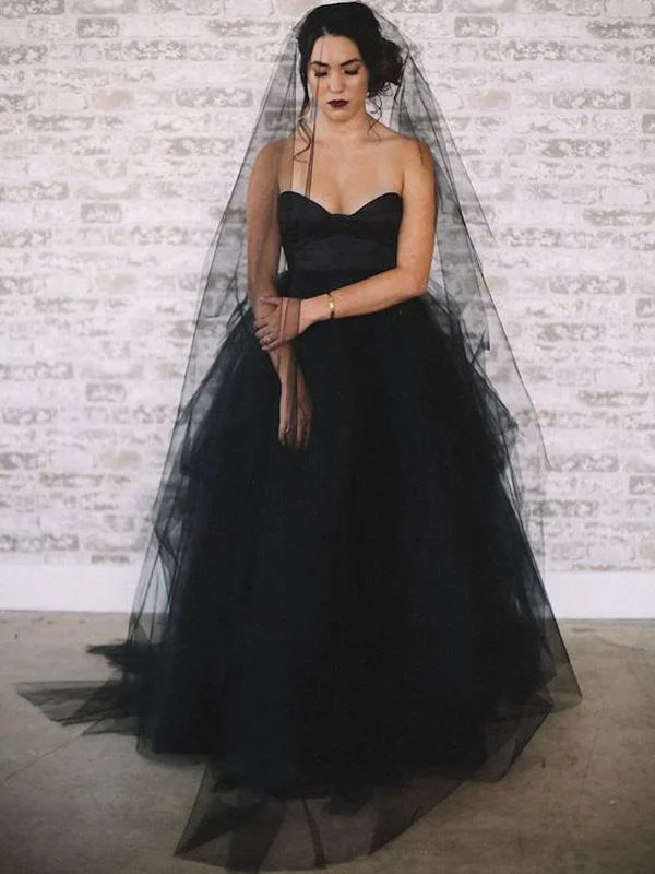 Sweetheart Long A-line Black Tulle Wedding Dresses, Bridal Gown