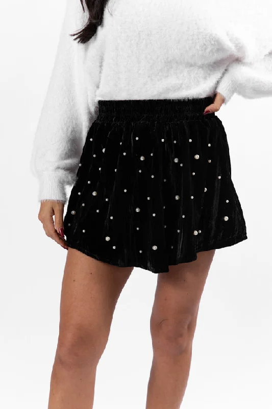 Lost In Time Pearl Embellished Black Velvet Shorts