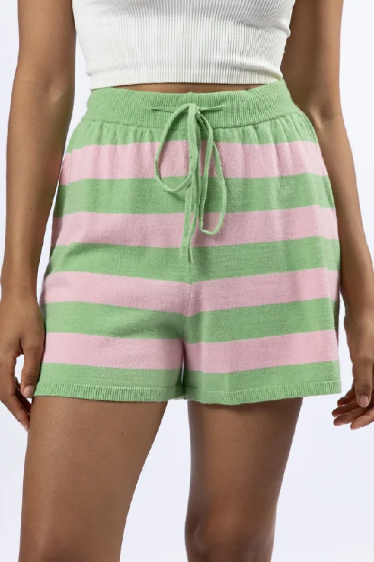 Pulling Heartstrings Green and Pink Striped Knit Shorts